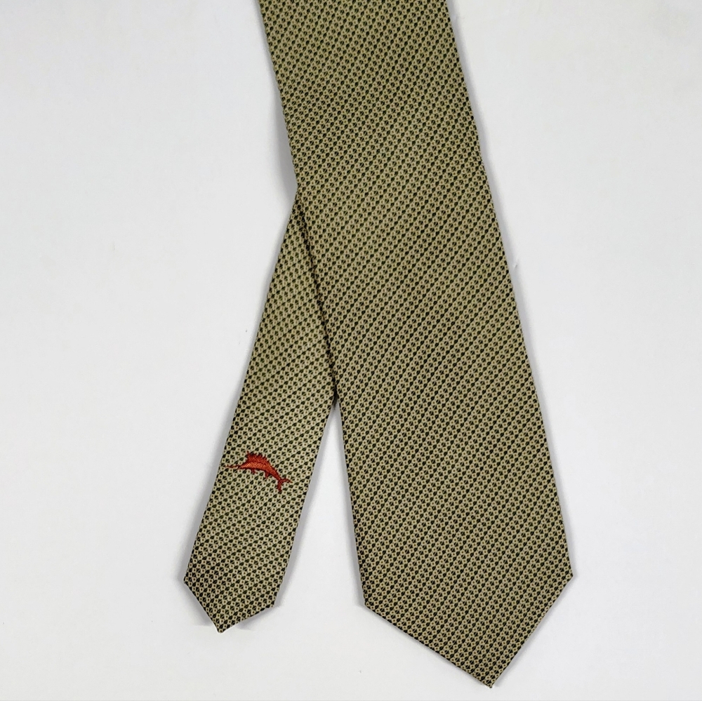 Tommy Bahama Men's Silk Tie Gold Green Geo-print & Marlin - Picture 2 of 7